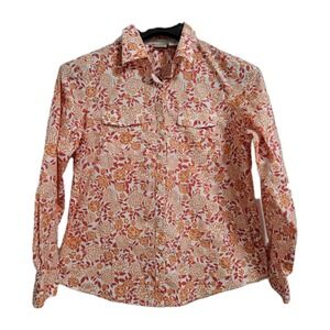 L.L. Bean Floral Button Up Shirt Orange White Womens XL Cotton Blend Lightweight